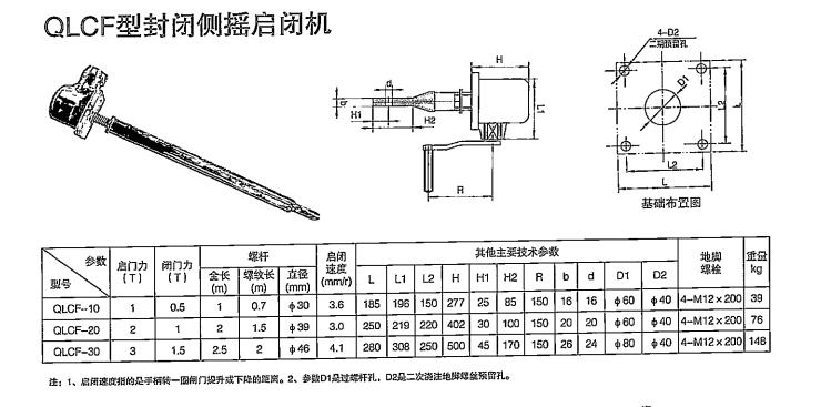 QLCF封閉側搖啟閉機結構布置圖及尺寸參數表