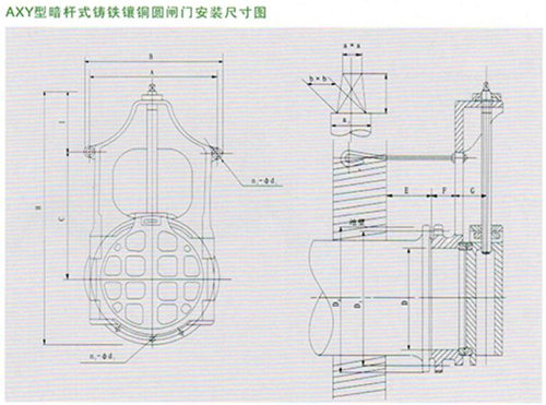 AXY暗桿式鑄鐵鑲銅圓閘門安裝布置結(jié)構(gòu)圖