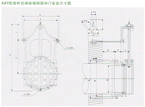 AXY型dn300暗桿式鑄鐵圓閘門外形安裝技術尺寸參數